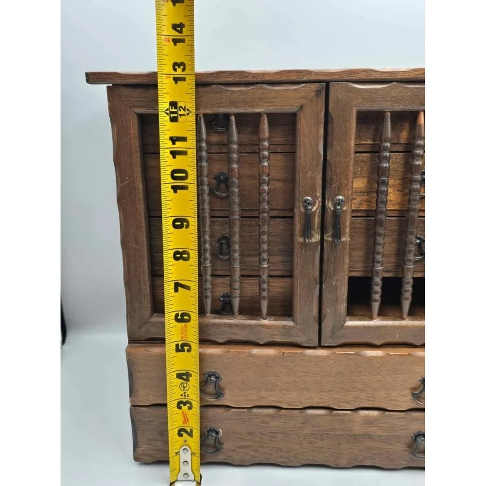 Vintage Wooden Jewelry Armoire Chest Spindle Door 10 Drawer Tabletop musical